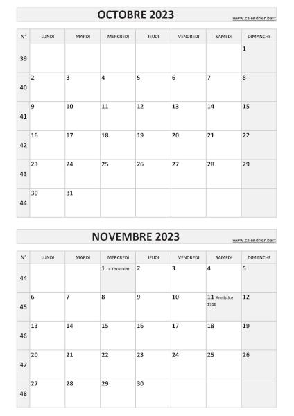 Calendrier Novembre 2023 à consulter ou imprimer 