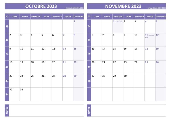 Calendrier octobre novembre 2023.