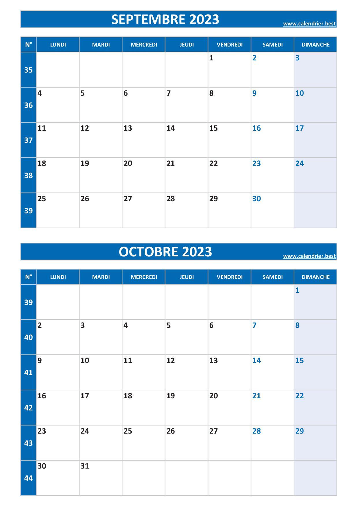 Calendrier septembre et octobre 2023 à imprimer -Calendrier.best