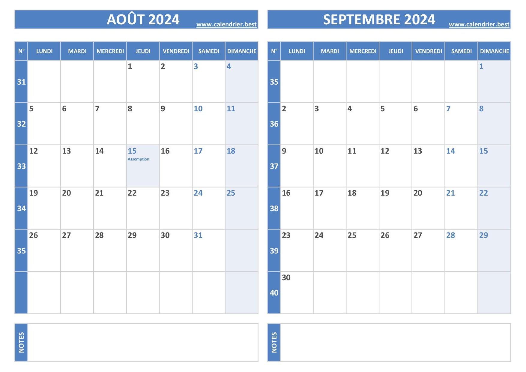 Calendrier août et septembre 2024 à imprimer -Calendrier.best