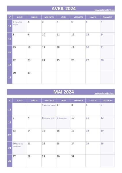 Calendrier avril mai 2024, portrait, violet.