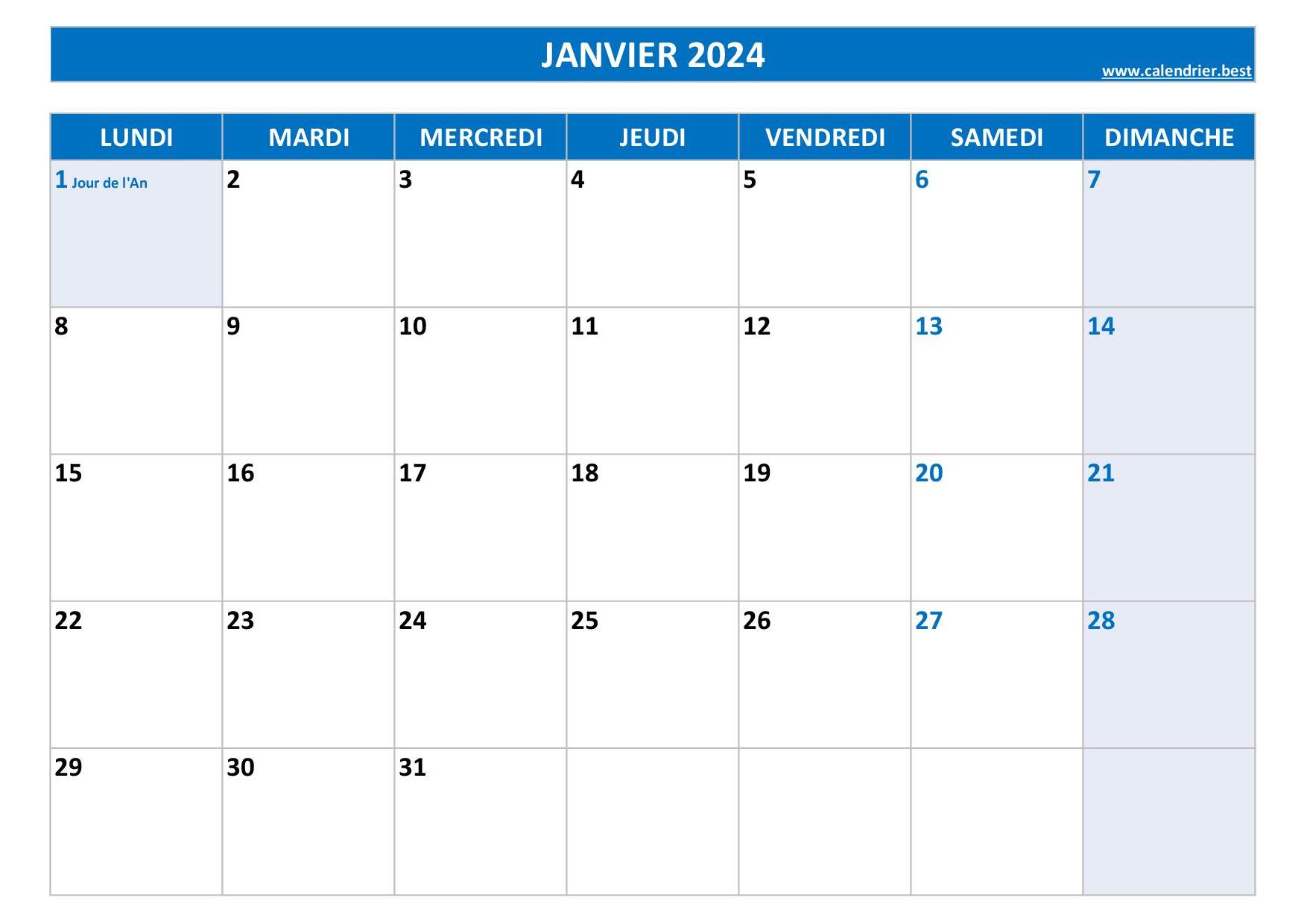 Calendrier 2024 mensuel à imprimer