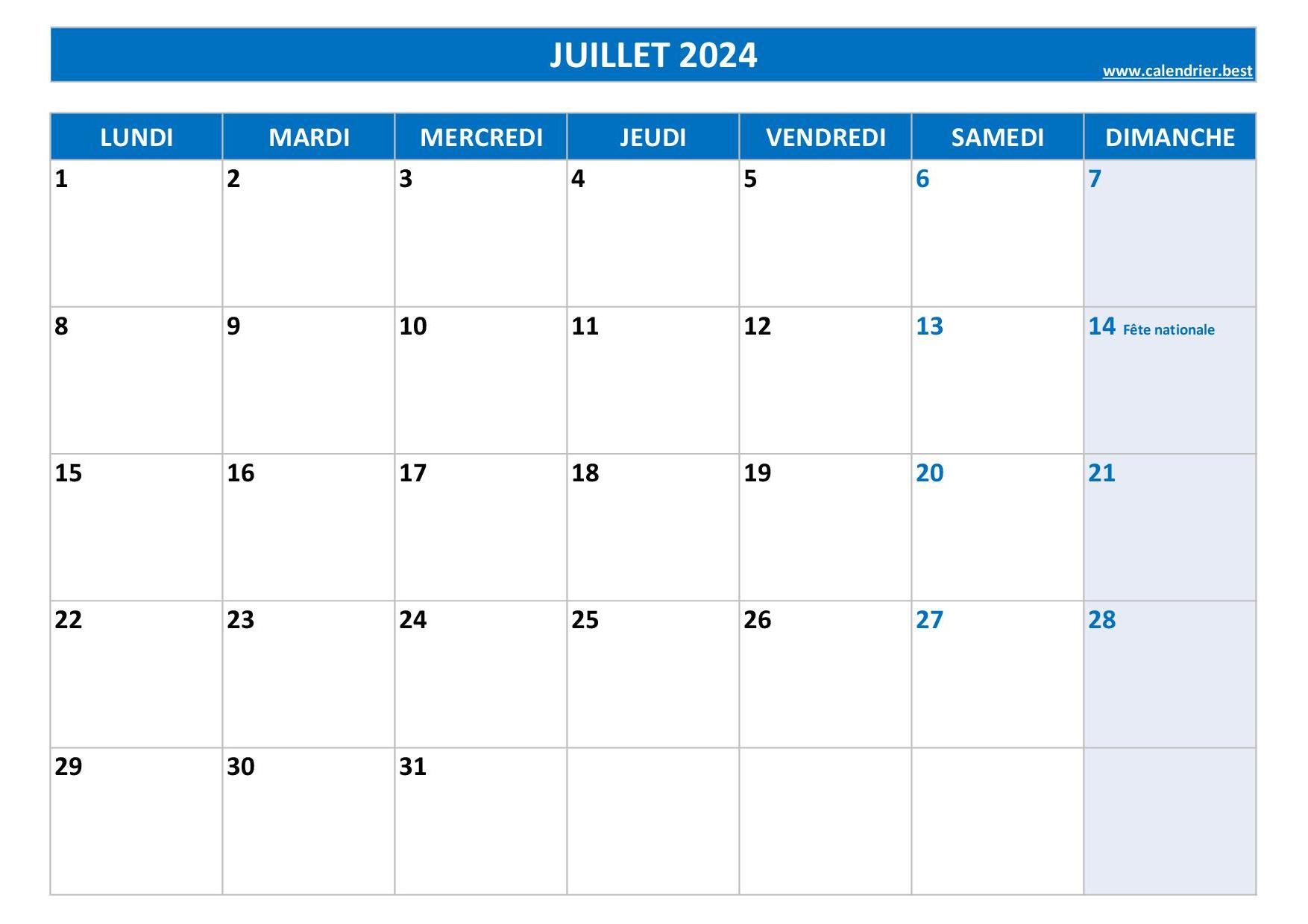 Calendrier Juillet 2024 à consulter ou imprimer 