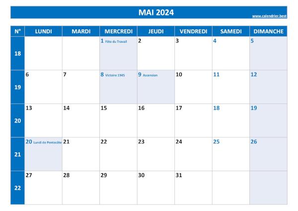 Calendrier mai 2024 avec numéros de semaine et jours fériés.