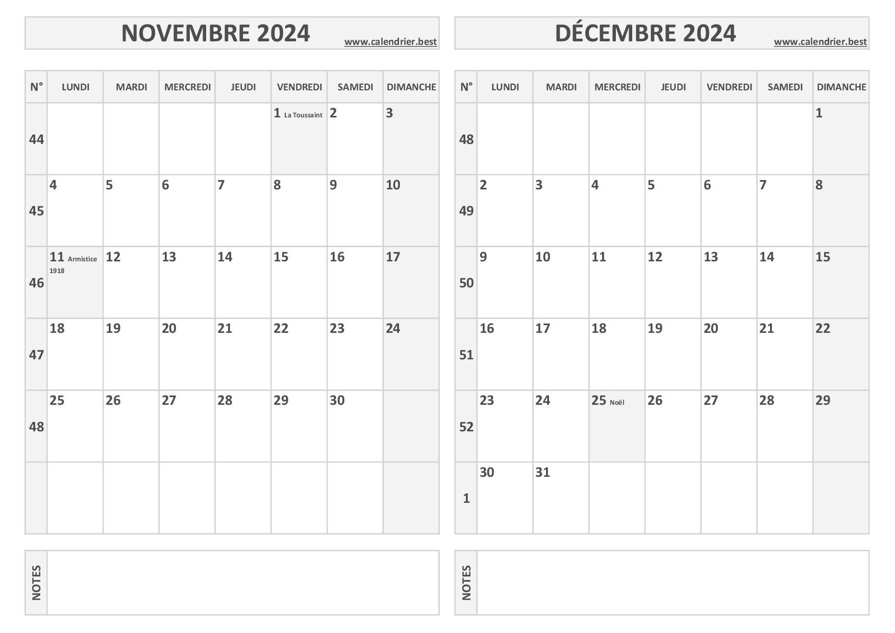 Calendrier novembre et décembre 2024 à imprimer 