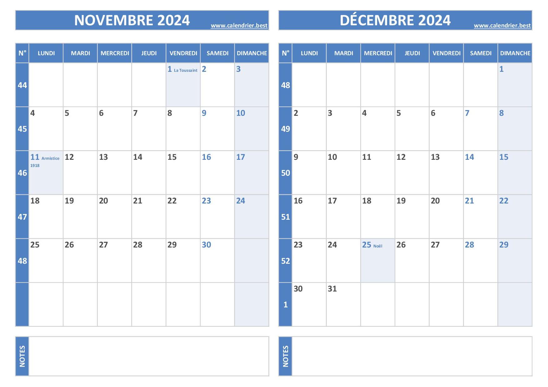 Calendrier novembre et décembre 2024 à imprimer 