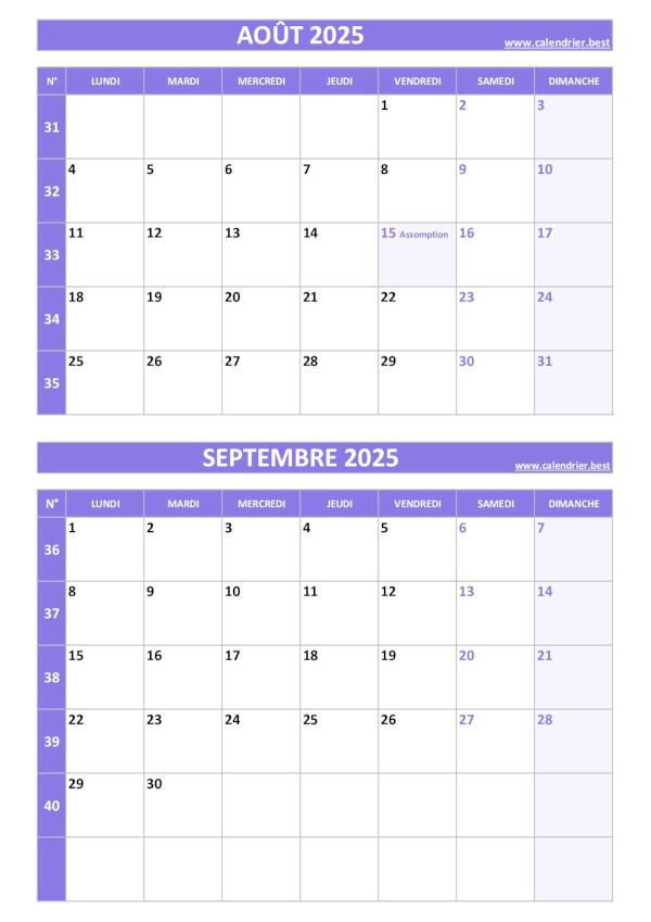 Calendrier août septembre 2025, portrait, violet.