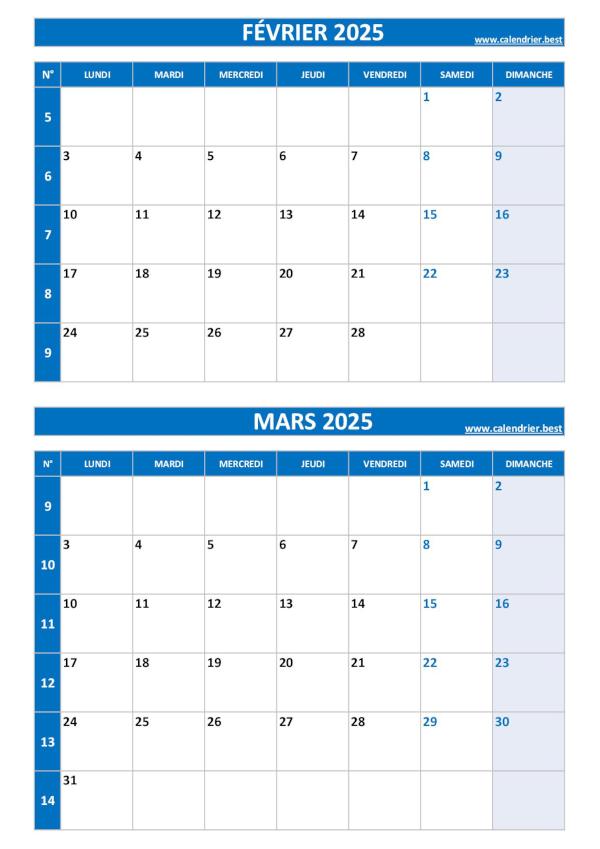 Calendrier février mars 2025, portrait, bleu.