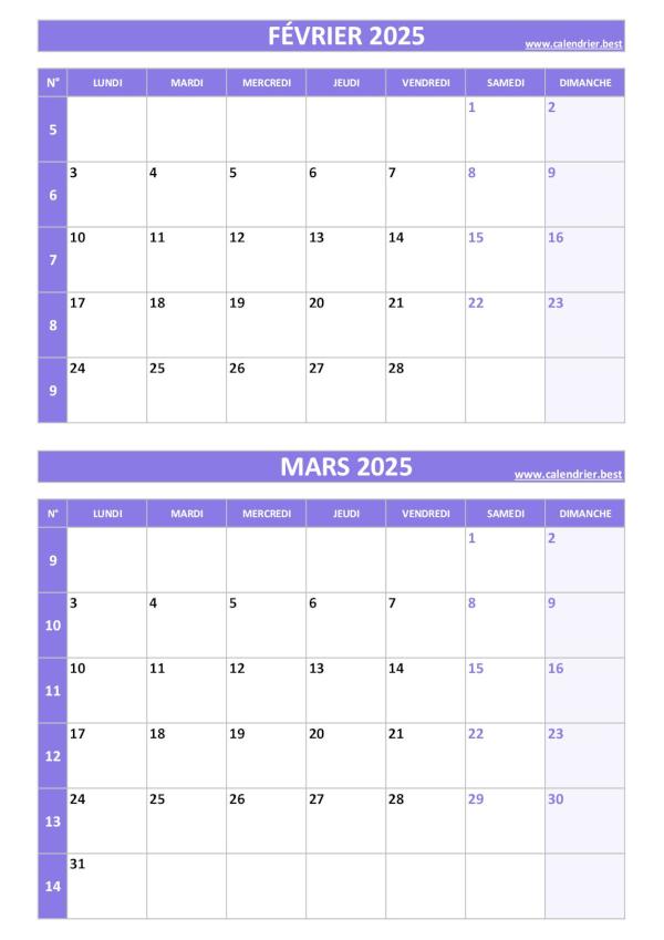Calendrier février mars 2025, portrait, violet.