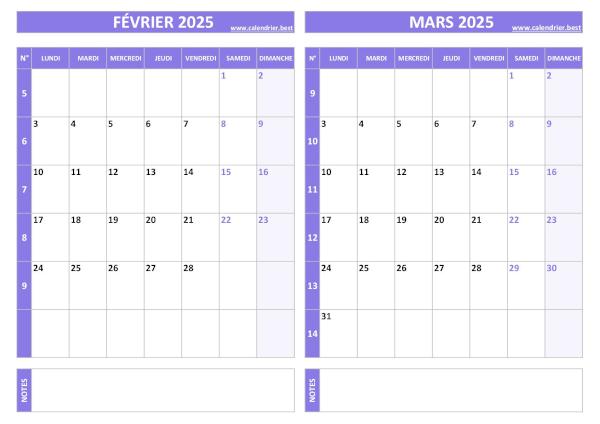 Calendrier février mars 2025.