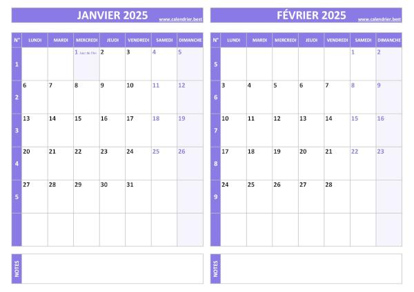 Calendrier janvier février 2025.