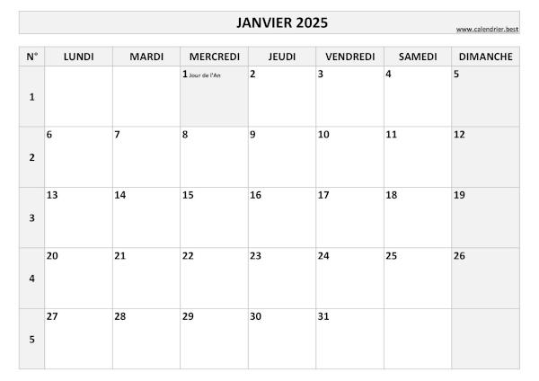 Calendrier janvier 2025 avec numéros de semaine et jours fériés.