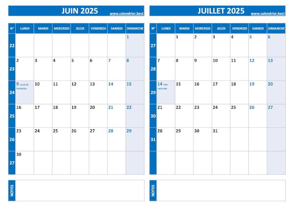 Calendrier juin juillet 2025.