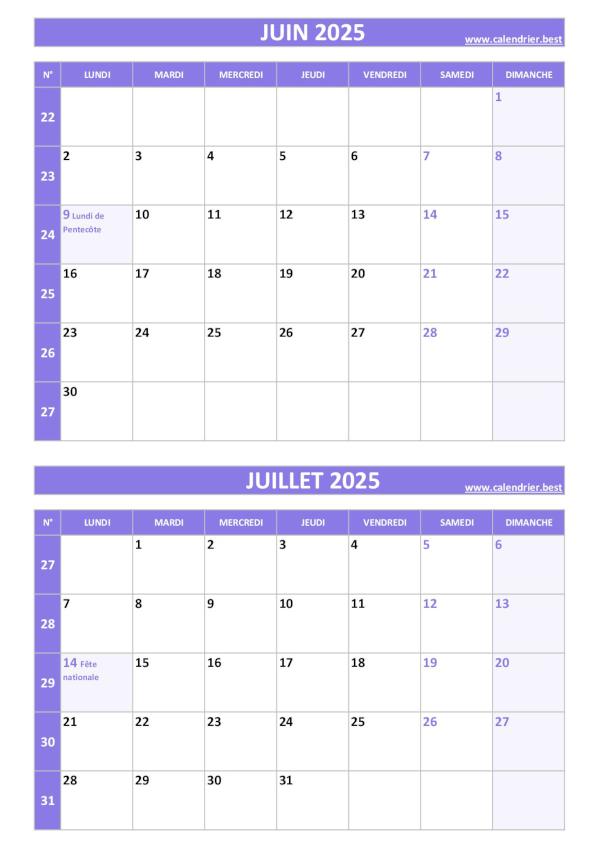 Calendrier juin juillet 2025, portrait, violet.