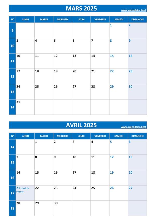 Calendrier mars avril 2025, portrait, bleu.