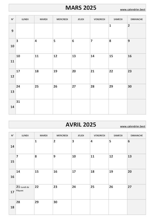 Calendrier mars avril 2025, portrait, gris.