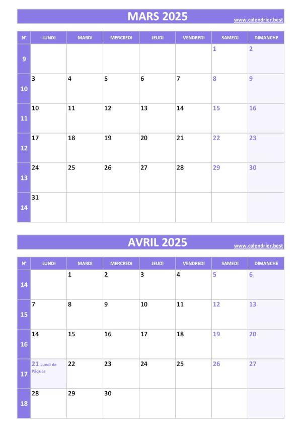 Calendrier mars avril 2025, portrait, violet.