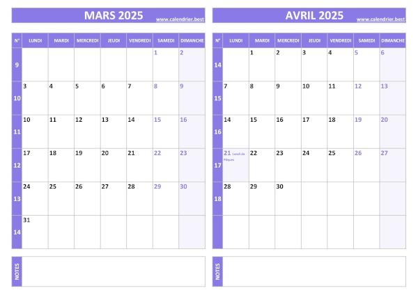 Calendrier mars avril 2025.