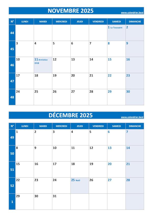 Calendrier novembre et décembre, portrait, bleu.