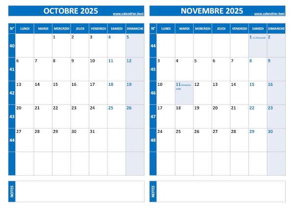 Calendrier octobre novembre 2025.