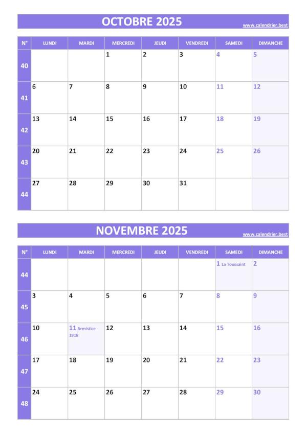Calendrier octobre novembre 2025, portrait, violet.