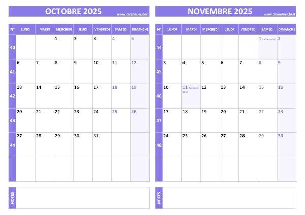 Calendrier octobre novembre 2025.