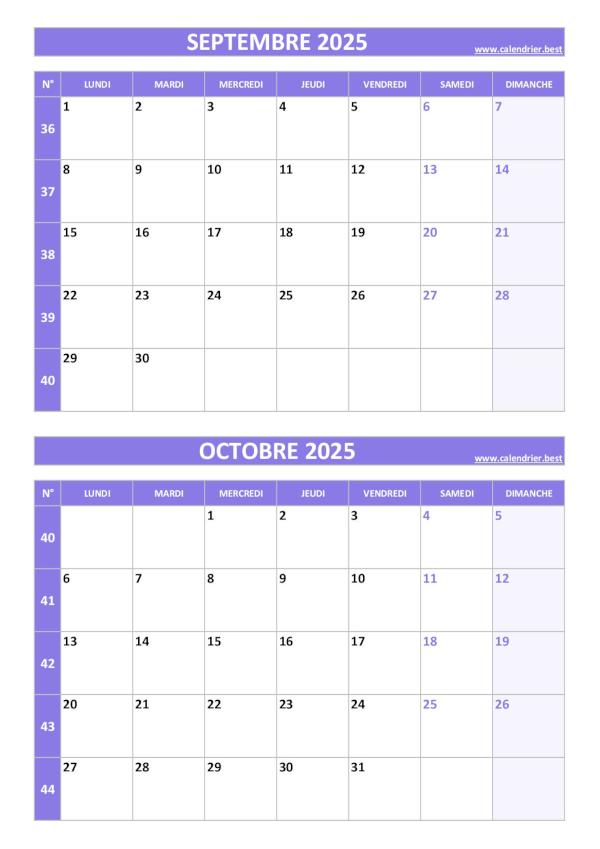 Calendrier septembre octobre 2025, portrait, violet.