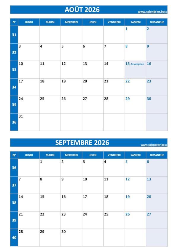 Calendrier août septembre 2026, portrait, bleu.