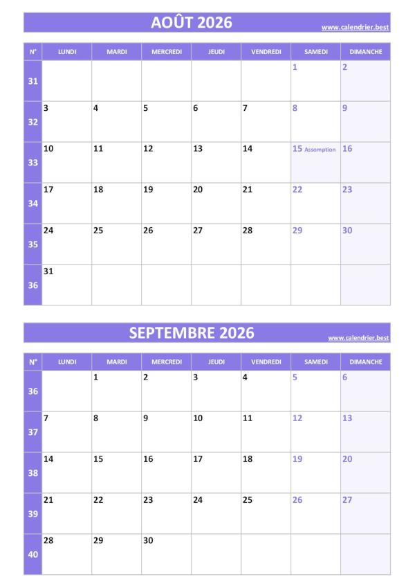 Calendrier août septembre 2026, portrait, violet.