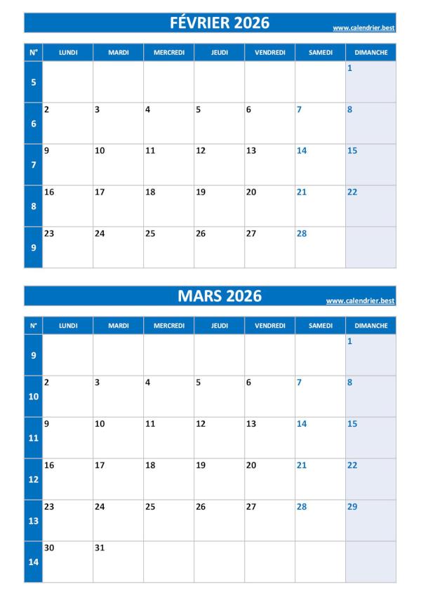 Calendrier février mars 2026, portrait, bleu.