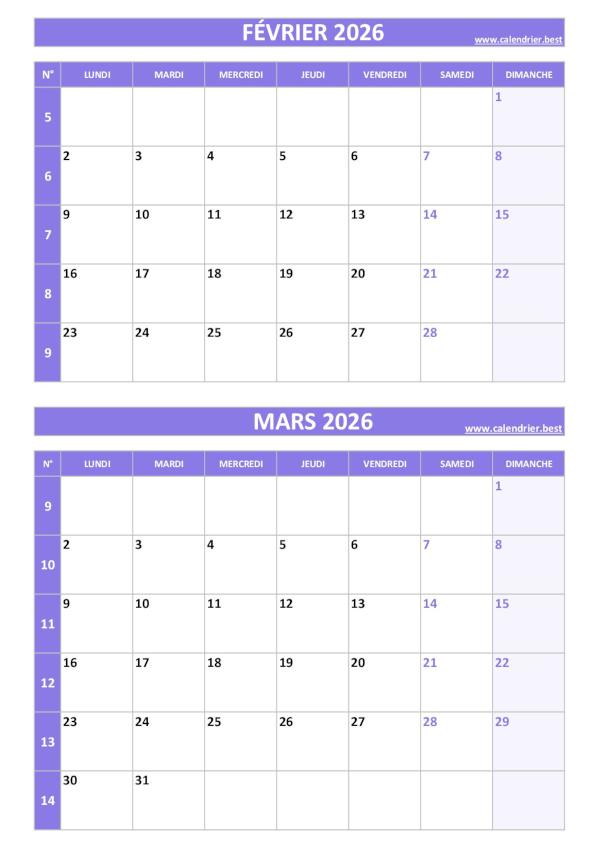 Calendrier février mars 2026, portrait, violet.