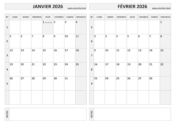 Calendrier janvier février 2026.