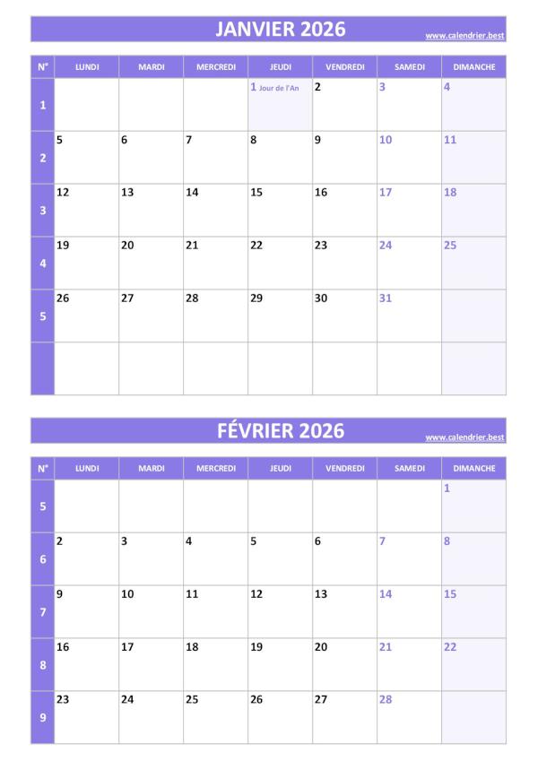 Calendrier janvier février 2026, portrait, violet.