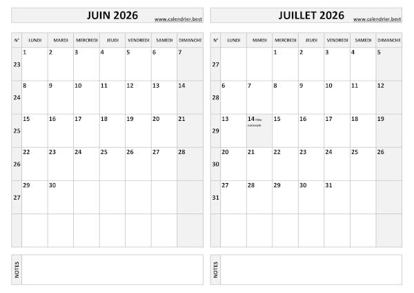 Calendrier juin juillet 2026.