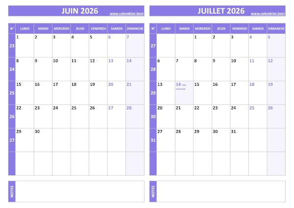 Calendrier juin juillet 2026.