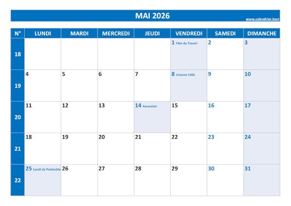 Calendrier mai 2026 avec numéros de semaine et jours fériés.