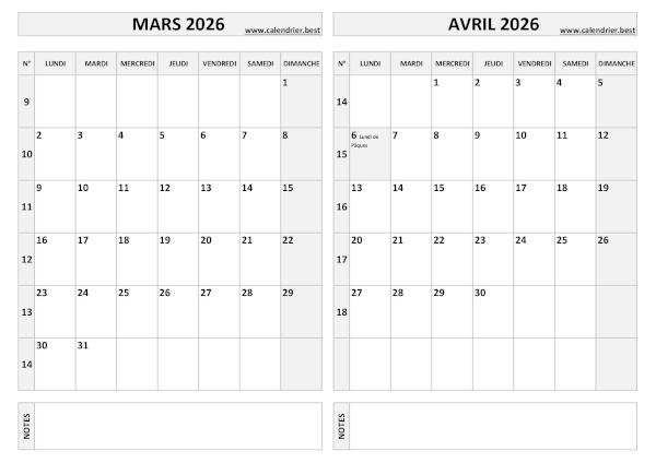 Calendrier mars avril 2026.