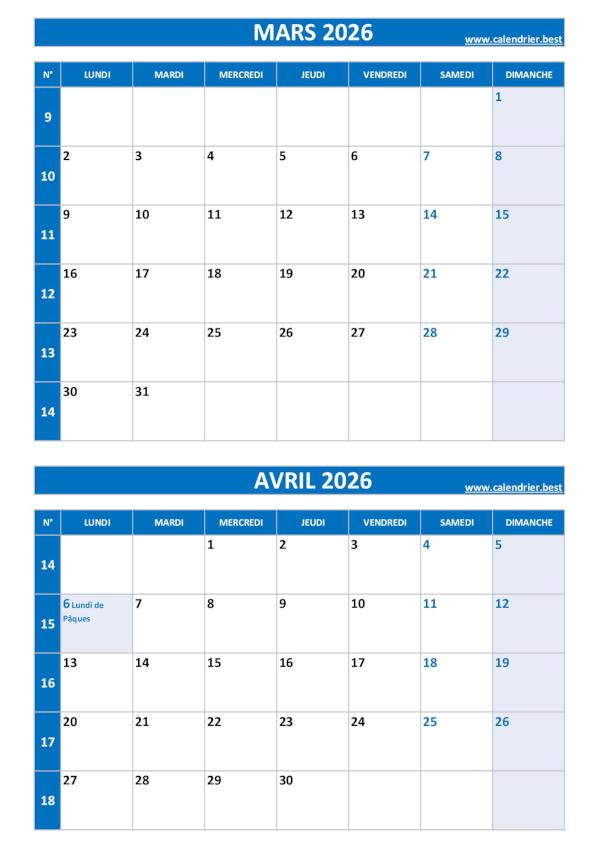 Calendrier mars avril 2026, portrait, bleu.