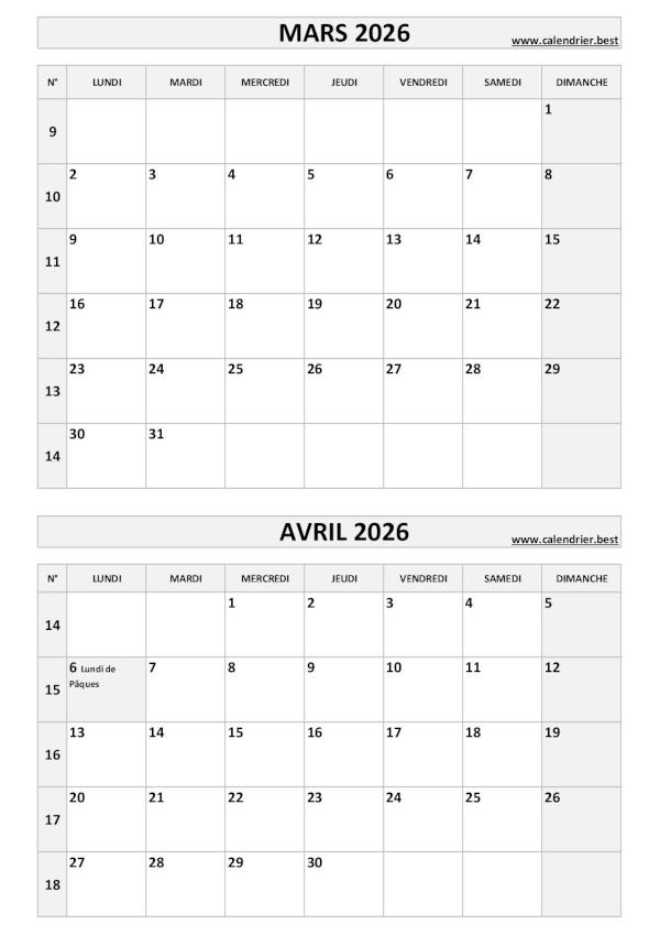 Calendrier mars avril 2026, portrait, gris.