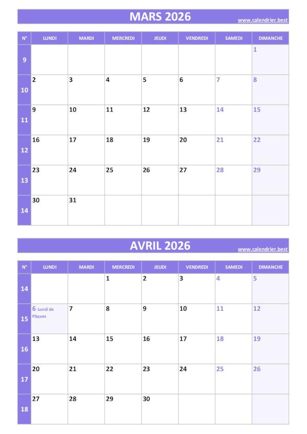 Calendrier mars avril 2026, portrait, violet.