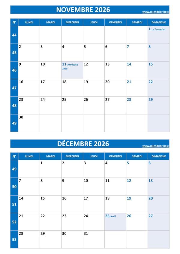 Calendrier novembre et décembre, portrait, bleu.