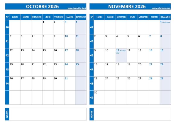 Calendrier octobre novembre 2026.