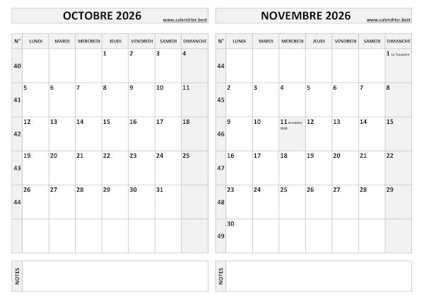 Calendrier octobre novembre 2026.