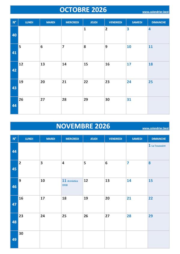 Calendrier octobre novembre 2026, portrait, bleu.