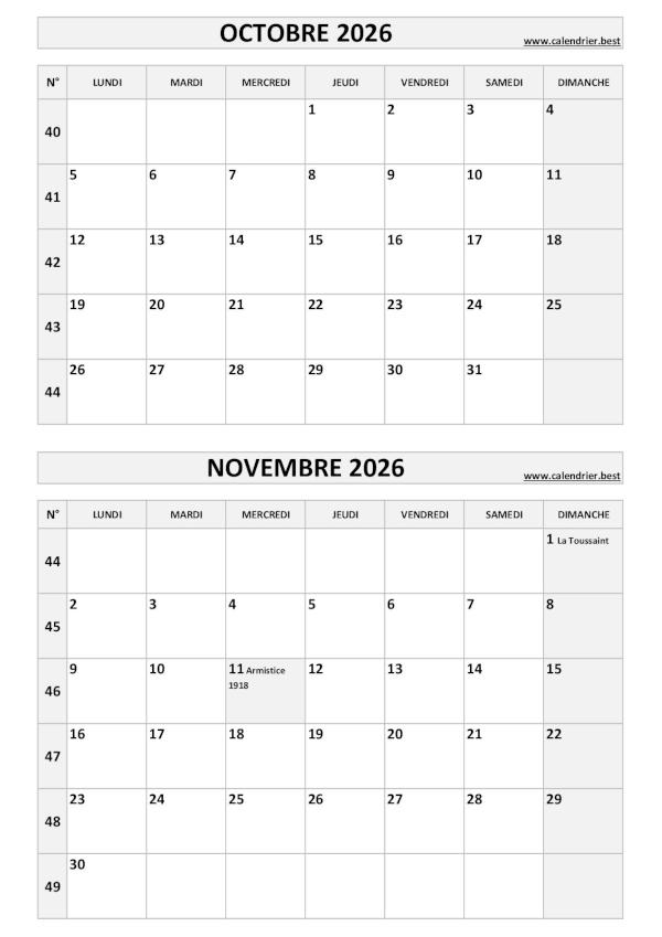 Calendrier octobre novembre 2026, portrait, gris.