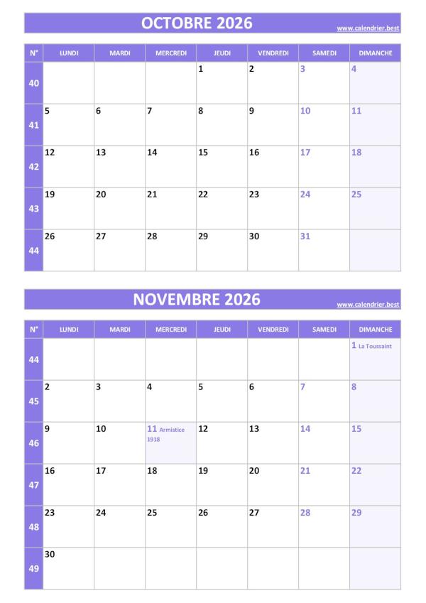 Calendrier octobre novembre 2026, portrait, violet.