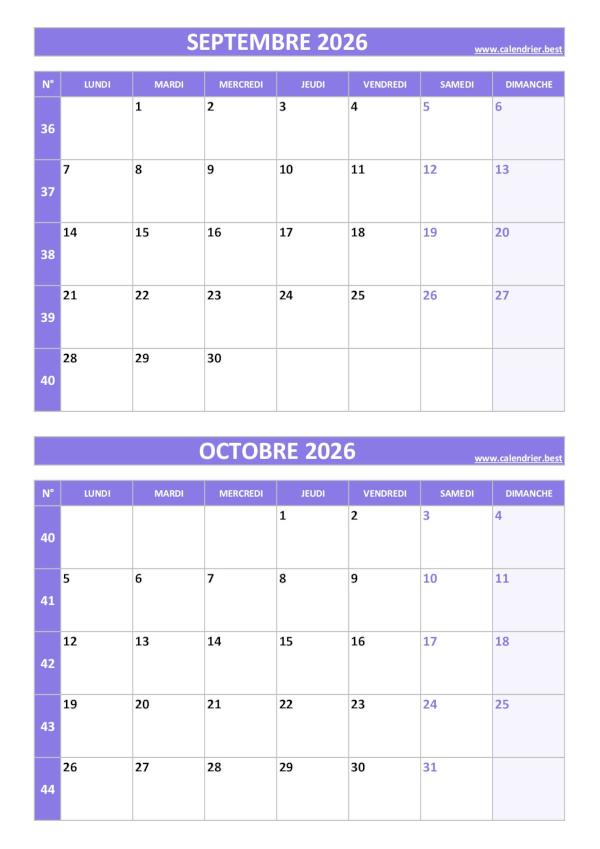 Calendrier septembre octobre 2026, portrait, violet.