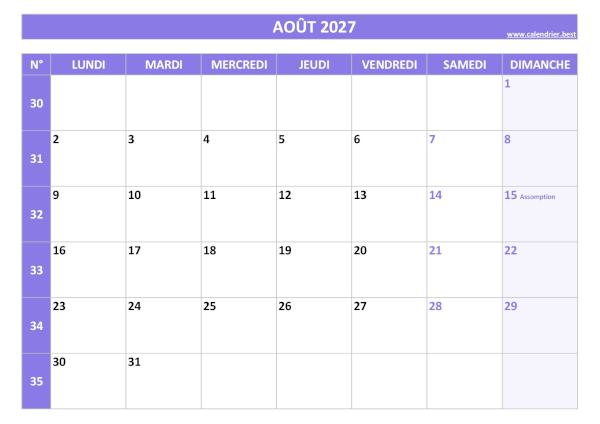 Calendrier mensuel avec numéros de semaine à imprimer, mois d'Août2027, thème violet. Calendrier du mois d'Août 2027 avec semaines à imprimer.