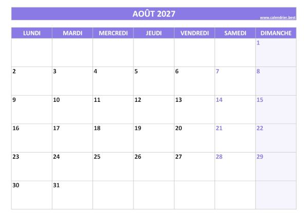 Calendrier mensuel vierge à imprimer, mois d'Août2027, thème violet. Calendrier du mois d'Août 2027 à imprimer.