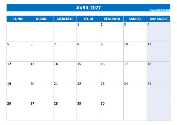Calendrier mensuel vierge à imprimer, mois d'avril 2027, thème bleu. Calendrier du mois d'avril 2027 à imprimer.